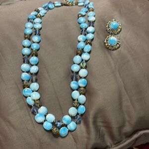 Elegant Blue Beaded Necklace and Earring Set vintage